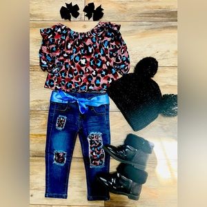 Baby blue girl Cheetah 🐆 print to with matching distressed jean set!